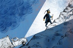 Illustration of bearded person walking up a mountain in grad cloak, illuminated by truck's headlights