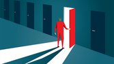 conceptual illustration of a man choosing one door to open in a dark hallway