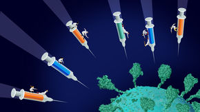 An illustration depicting vaccines heading toward the coronavirus. Scientists ride on top of the shots.